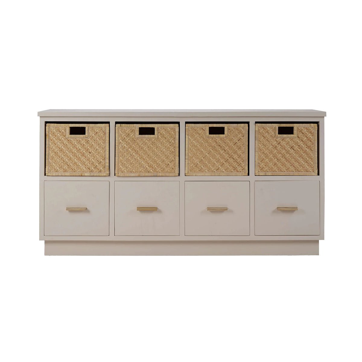Wooden storage cubby with baskets, straight front view.