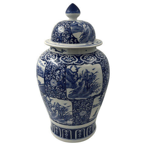Chinese Blue and White Temple Jar with panel scenes