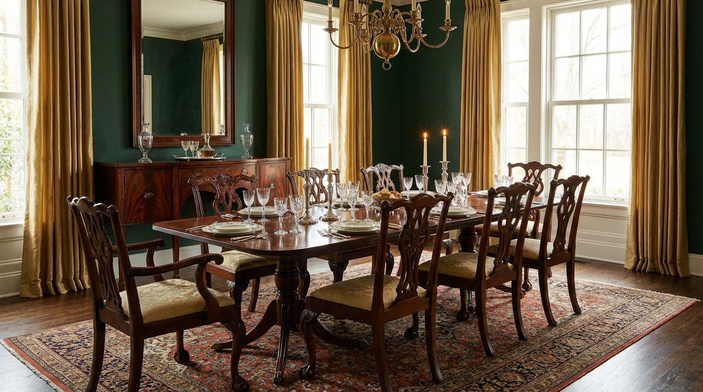 Formal mahogany dining room with Chippendale chairs and flame mahogany sideboard - old money interior design