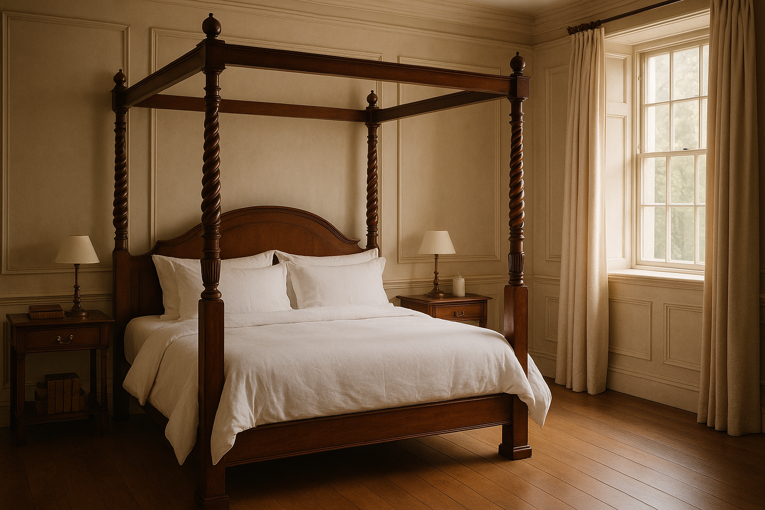 Tech-free luxury bedroom with mahogany four-poster bed and warm natural light