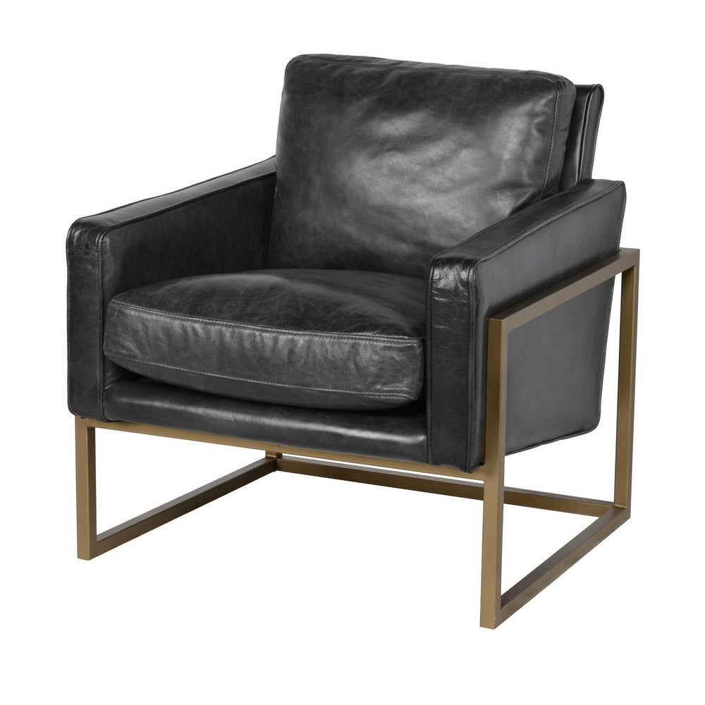 Jet Black Leather Accent Chair with Brass Finish Frame