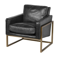 Jet Black Leather Accent Chair with Brass Finish Frame