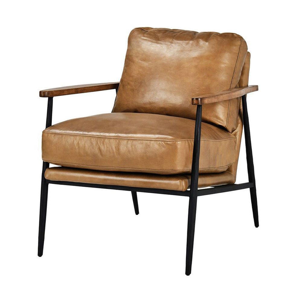 Adobe Tan leather accent chair with open arms and a black iron frame