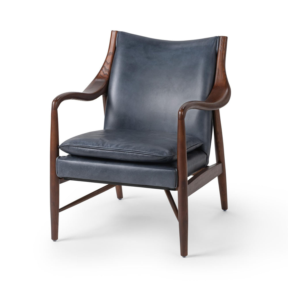 Sculpted Ash Leather Accent Chair in Ocean Blue