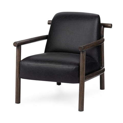 Leather Accent Chair with Rounded Wood Arms in Black