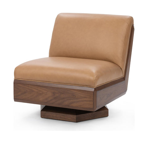 Leather Swivel Chair with Walnut Shell in Tan