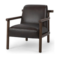 Dark Roast leather accent chair with rounded wood arms, three-quarter view