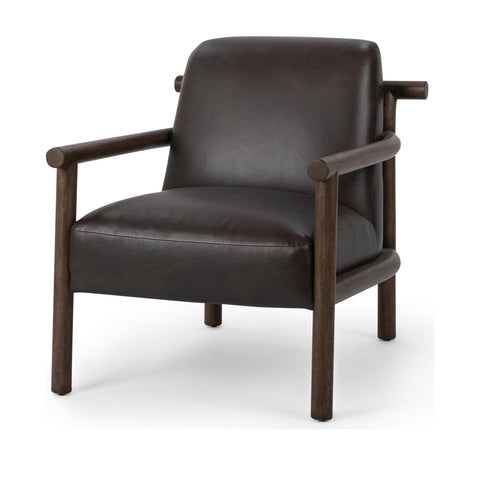 Leather Accent Chair with Rounded Wood Arms in Dark Roast