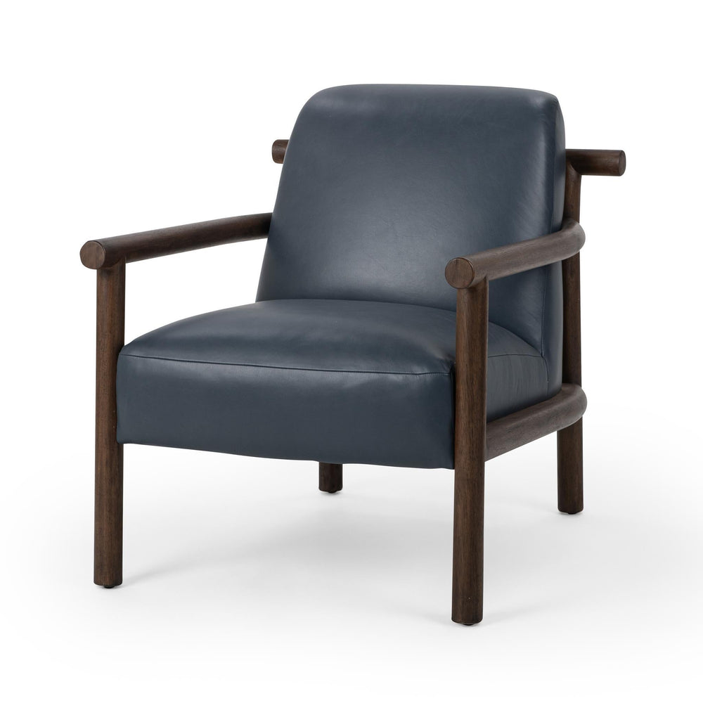 Mystic Blue leather accent chair with rounded wood arms, three-quarter view