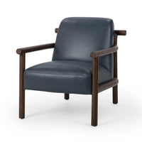 Mystic Blue leather accent chair with rounded wood arms, three-quarter view