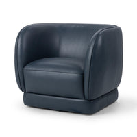 Mystic Blue leather barrel-back swivel chair with a low upholstered base