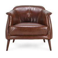 Front view of the Spiced Brown leather chair with a rounded back and flared arms