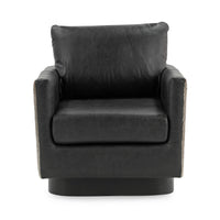 Front view of the Onyx Black leather swivel chair with square arms and a low dark base