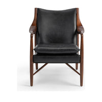 Front view of the Jet Black leather accent chair with sculpted ash arms
