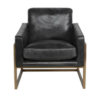 Front view of the Jet Black leather accent chair with square arms and brass-finished legs