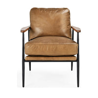Front view of the Adobe Tan leather accent chair with piped cushions and open arms