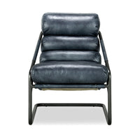 Front view of the Ocean Blue leather accent chair with horizontal back channels