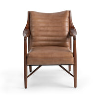 Front view of tan leather accent chair with channel stitching and dark ash frame