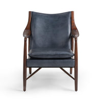 Front view of the Ocean Blue leather accent chair with sculpted ash arms