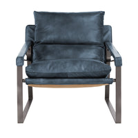 Front view of the Ocean Blue leather sling chair with narrow padded armrests