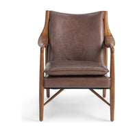 Front view of the Barrel Brown leather accent chair with sculpted ash arms