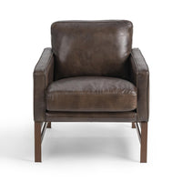 Front view of the Truffle Brown leather accent chair with square arms and bronze-finished legs