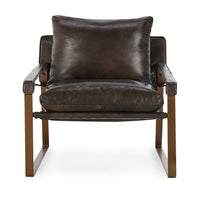 Front view of the Truffle Brown leather sling chair with narrow padded armrests