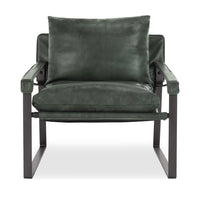 Front view of forest green leather sling chair with open iron frame and padded armrests