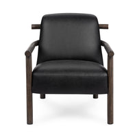 Front view of the black leather accent chair with rounded wood arms and legs
