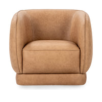 Front view of the tan leather swivel chair with curved arms and a piped seat