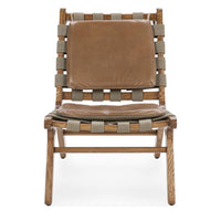 Front view of the tan leather armless chair showing woven straps around its cushions