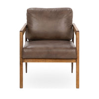 Front view of the Truffle Brown leather accent chair with angular ash arms
