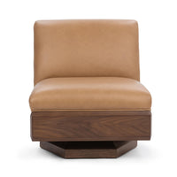 Front view of the armless tan leather swivel chair with walnut shell and low base