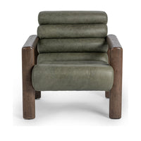 Front view of the Soft Sage leather chair with broad padded channels and wood arms