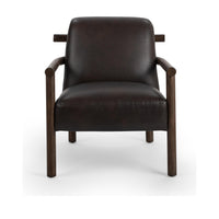 Front view of the Dark Roast leather accent chair with rounded wood arms