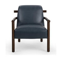 Front view of the Mystic Blue leather accent chair with rounded wood arms