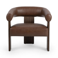 Front view of the Rich Cocoa leather chair with a curved open back and three wood supports