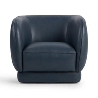 Front view of the Mystic Blue leather swivel chair with curved arms and a piped seat