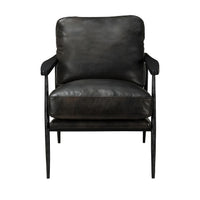 Front view of the Jet Black leather accent chair with open arms and piped cushions