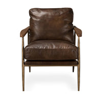 Front view of the Truffle Brown leather accent chair with open arms and piped cushions