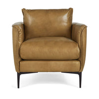 Front view of adobe tan leather club chair with loose back cushion and black legs