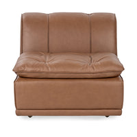 Front view of toffee brown leather armless chair with button-tufted seat and rounded back