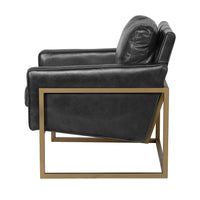Side view of the Jet Black leather chair showing its square brass-finished frame