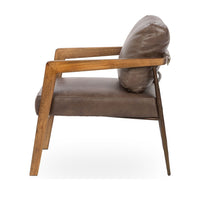 Side view of the Truffle Brown leather chair showing angular ash arms and slender rear supports