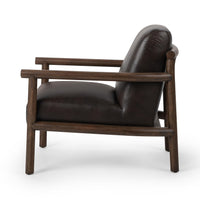 Side view of the Dark Roast leather chair showing its open wood frame and angled back