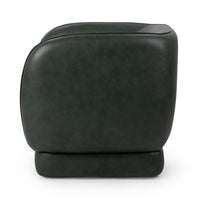 Angled rear view of the Hunter Green leather swivel chair showing its curved shell and piped top edge