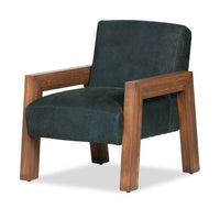 Angled view of the Pinefield leather accent chair showing its broad oak arms and open sides