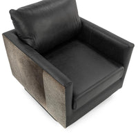 Overhead view of the Onyx Black leather swivel chair showing smooth cushions and hair-on-hide sides