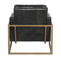Rear view of the Jet Black leather chair showing paneled upholstery and brass-finished rails