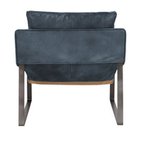 Rear view of the Ocean Blue leather sling chair showing its leather back support and iron rails